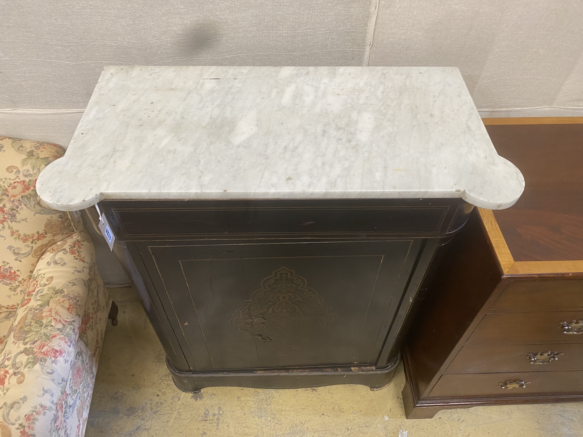 A 19th century French brass inlaid marble topped ebonised pier cabinet, width 87cm, depth 42cm, height 105cm